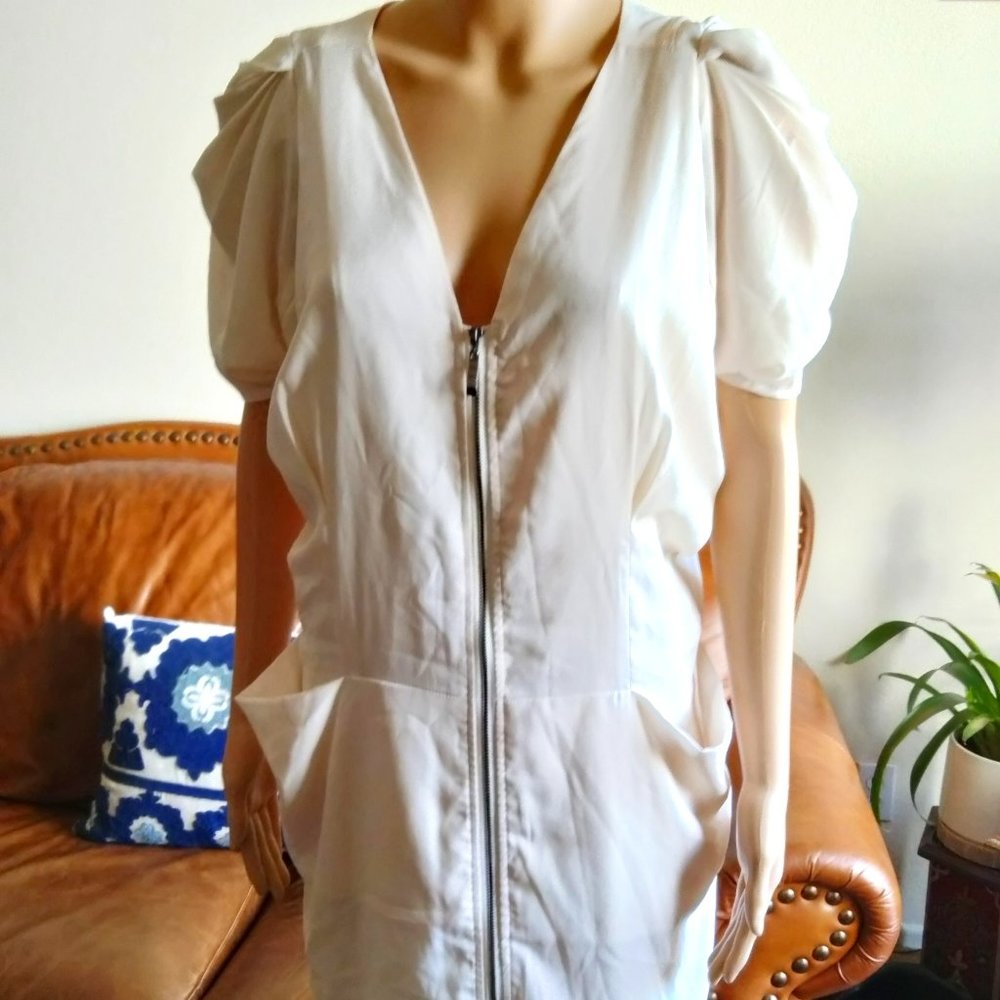 LU PRUIA By Anthropologie Zip Up Beige Silky Sheath Dress Size L